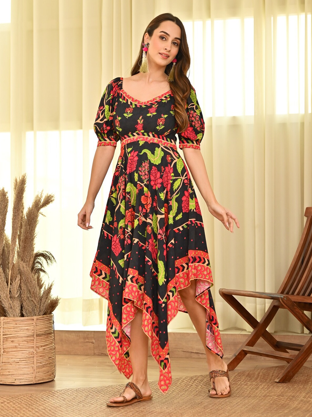 

Rustorange Puff Sleeves Asymmetric Floral Print Fit & Flare Dress, Black