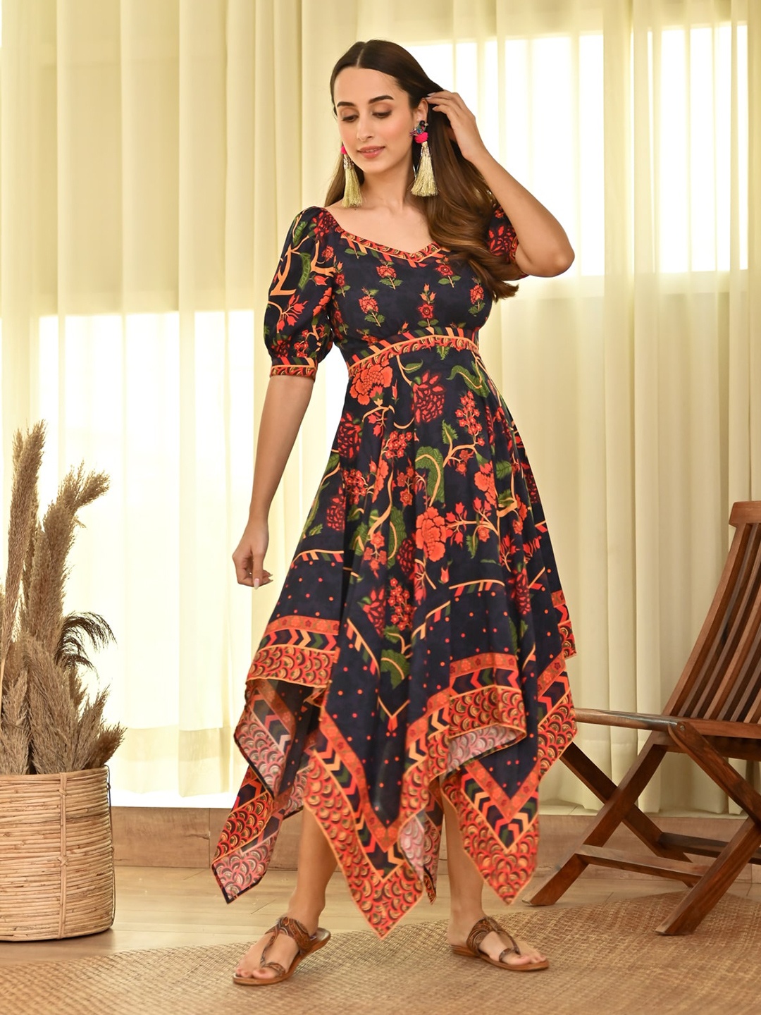 

Rustorange Floral Printed Asymmetric Midi Fit & Flare Ethnic Dress, Navy blue
