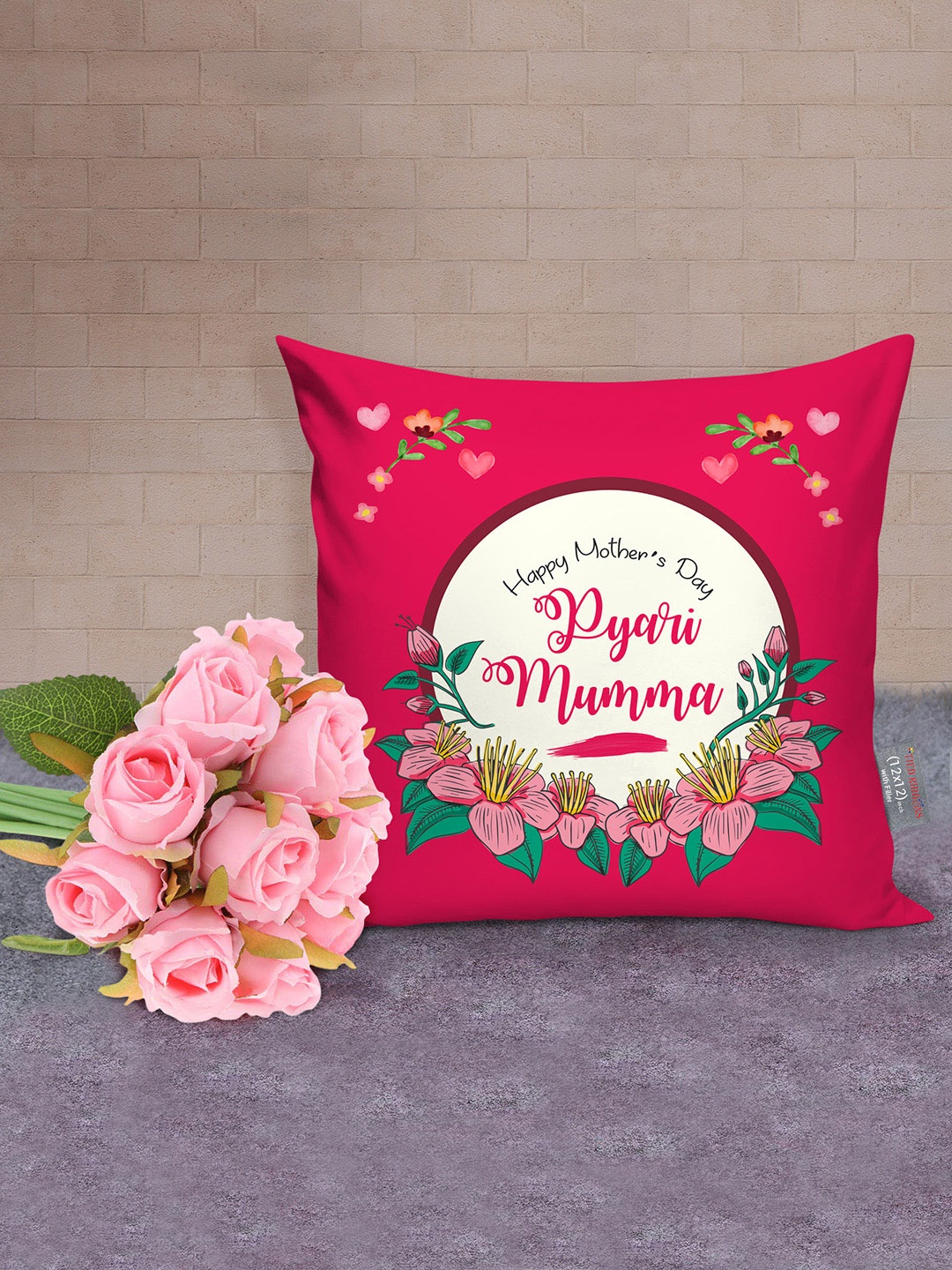 

TIED RIBBONS Printed Cushion with Artificial Flowers Home Gift Sets, Pink