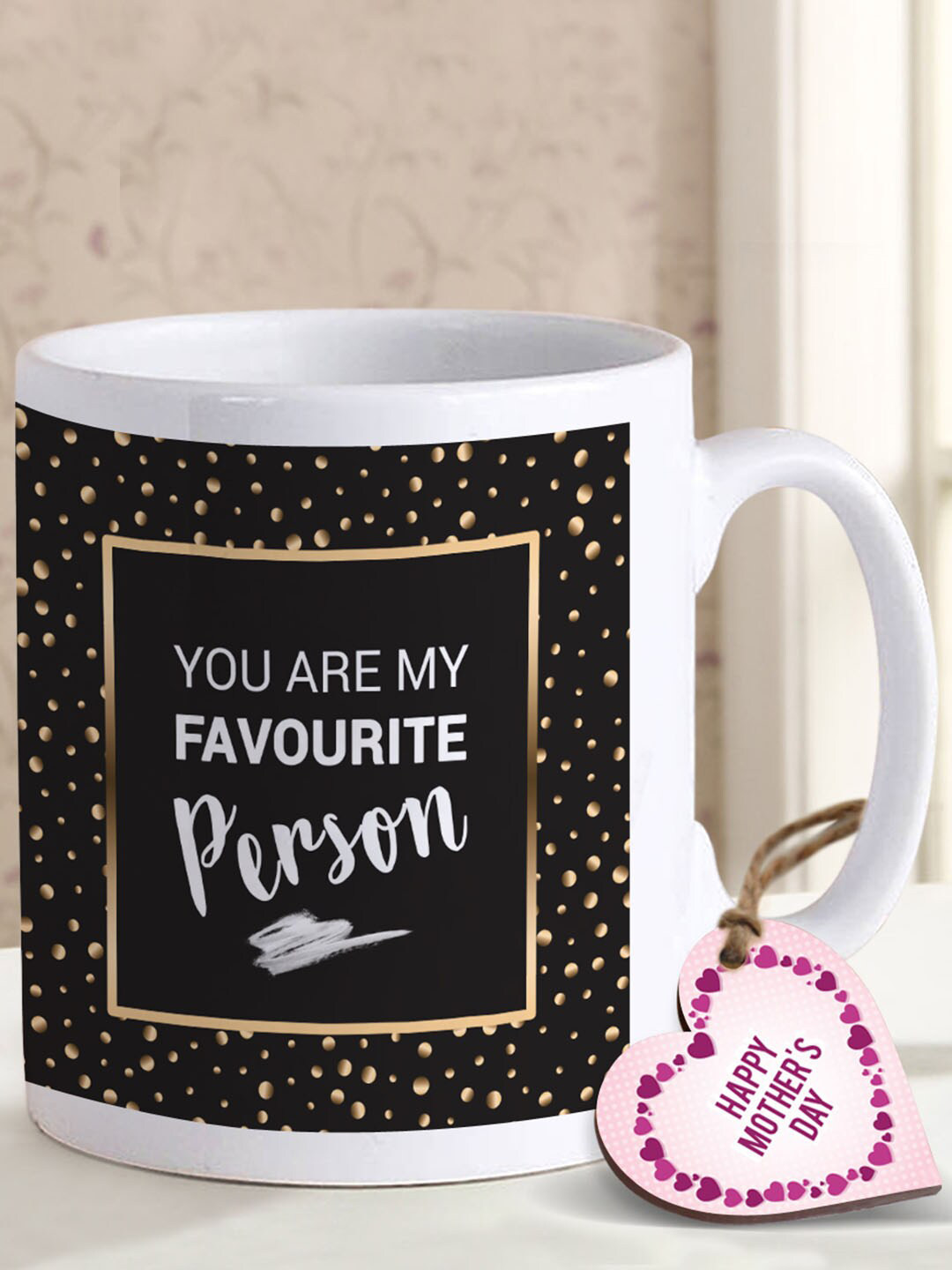 

TIED RIBBONS Mothers Day Gift Set White & Black Coffee Mug With Wooden Tag