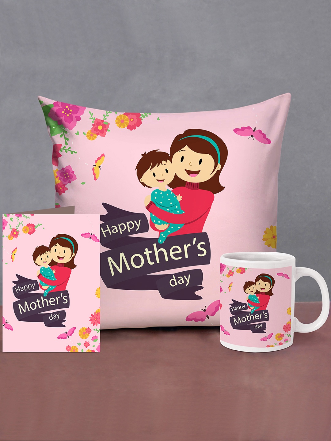 

TIED RIBBONS Mothers Day Pink Black Printed Cushion with Mug & Card Hamper