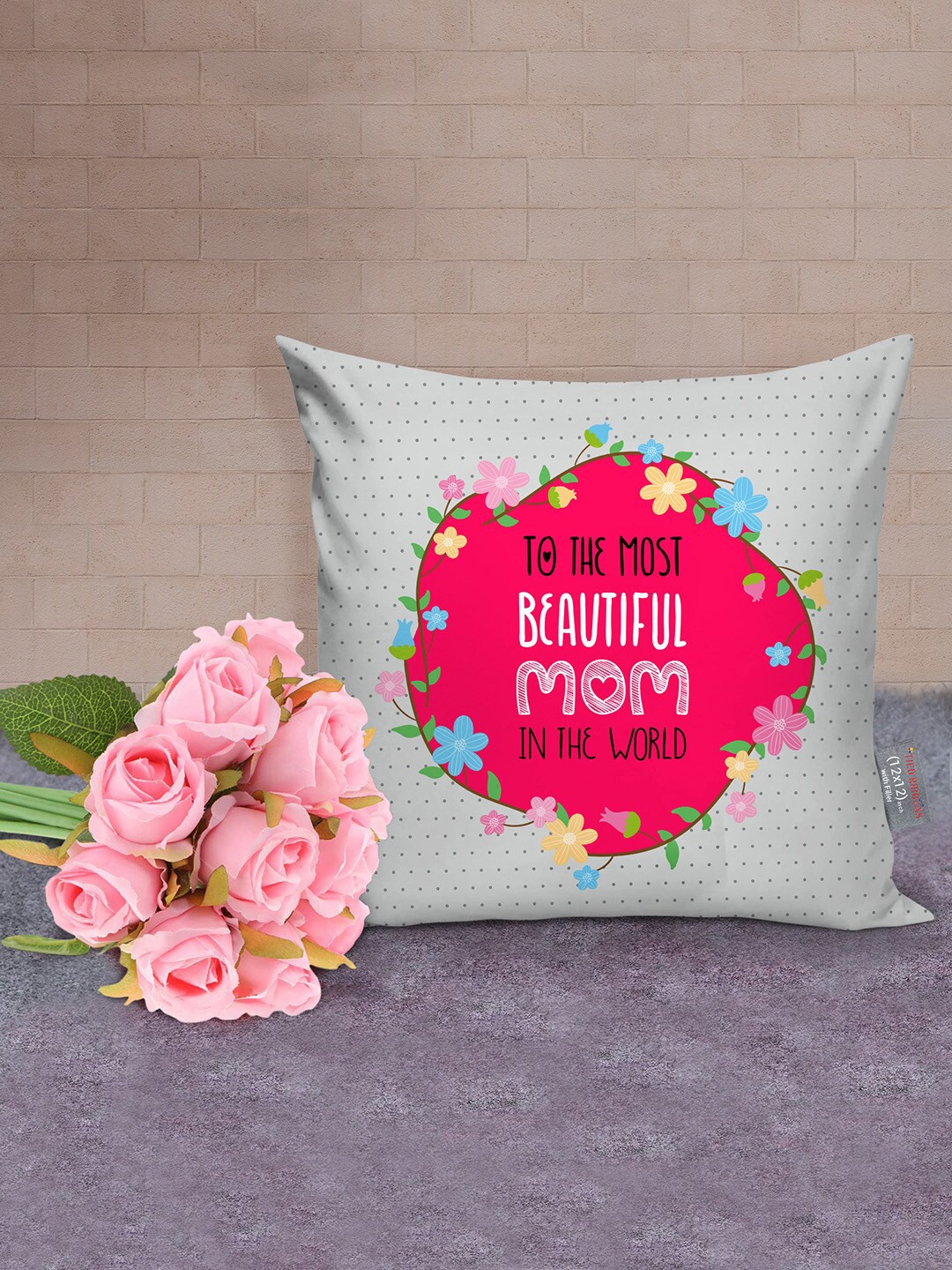 

TIED RIBBONS Mothers Day Special Gift Grey & Pink Printed Cushion With Artificial Flowers