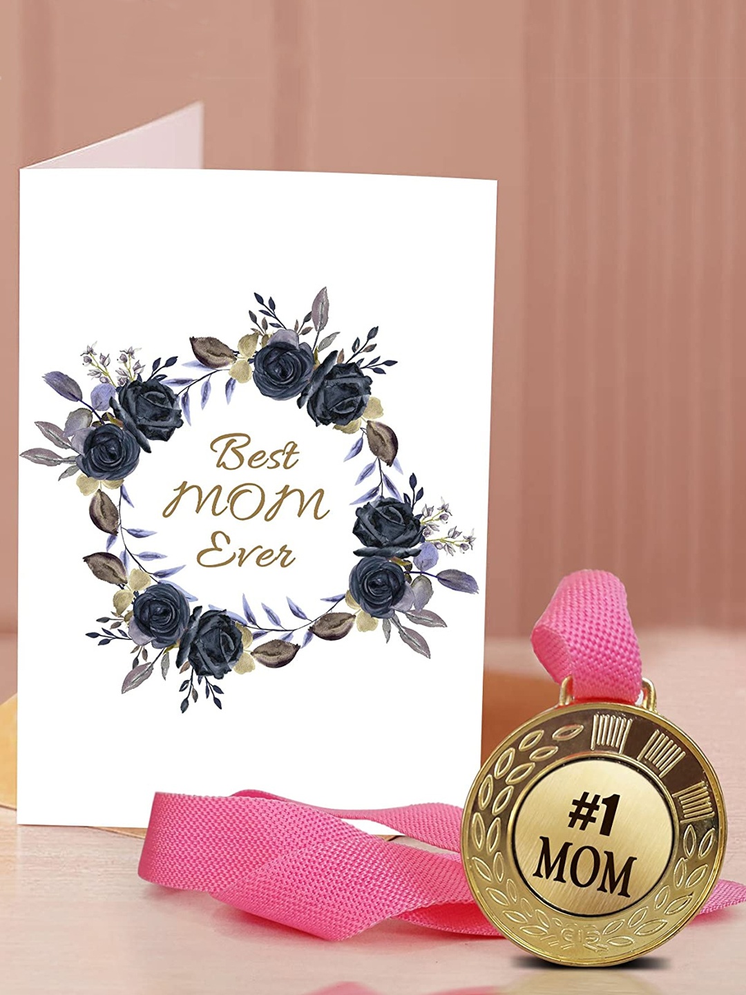 

TIED RIBBONS Gift for Mothers Day Gold-Toned & Pink Medal With Printed Greeting Card