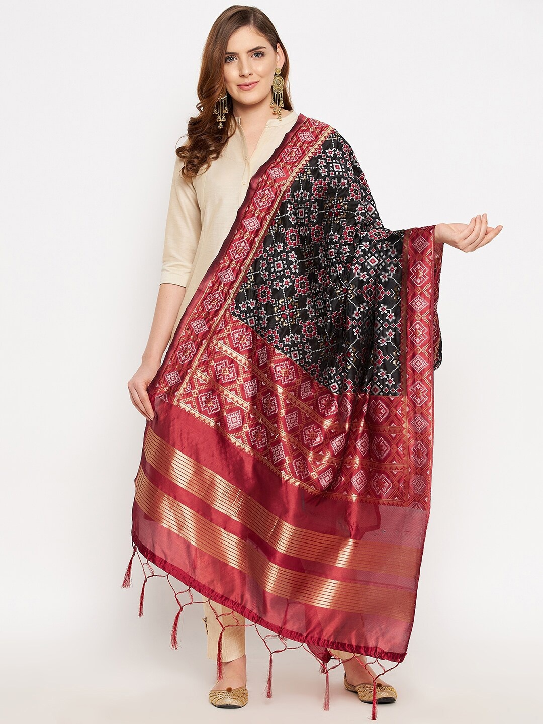 

Clora Creation Geometric Printed Dupatta With Tasselled Border, Black