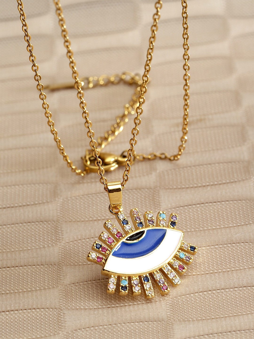 

Bohey by KARATCART Gold-Plated CZ-Studded Evil Eye Protection Alloy Pendant With Chain, White