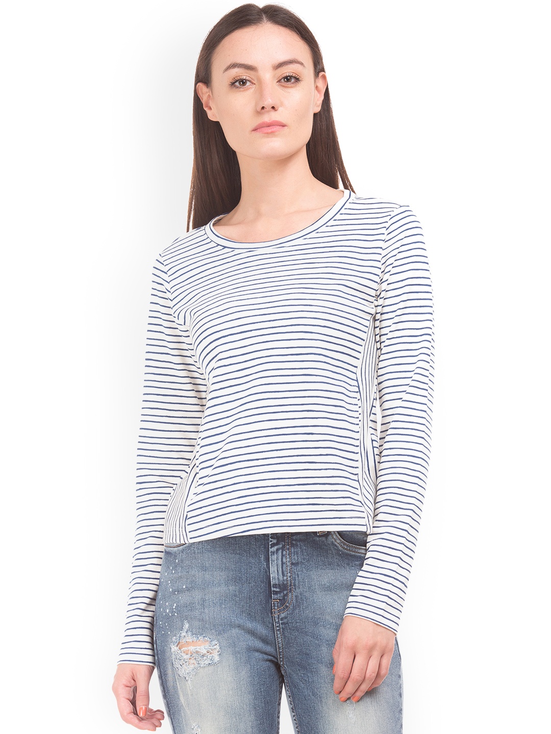 

Flying Machine Women Off-White & Blue Striped Sweatshirt