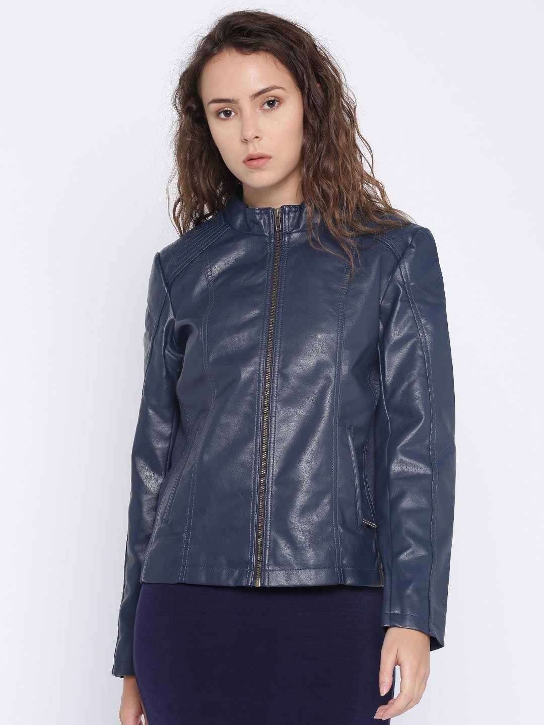 

Flying Machine Women Blue Solid Biker Jacket