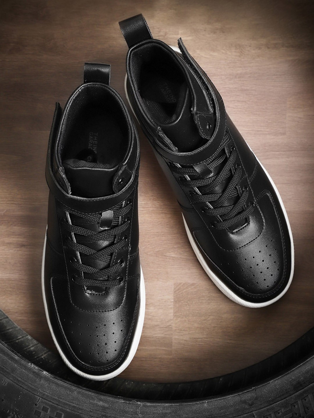 

The Indian Garage Co Men Perforated Mid-Top Sneakers, Black