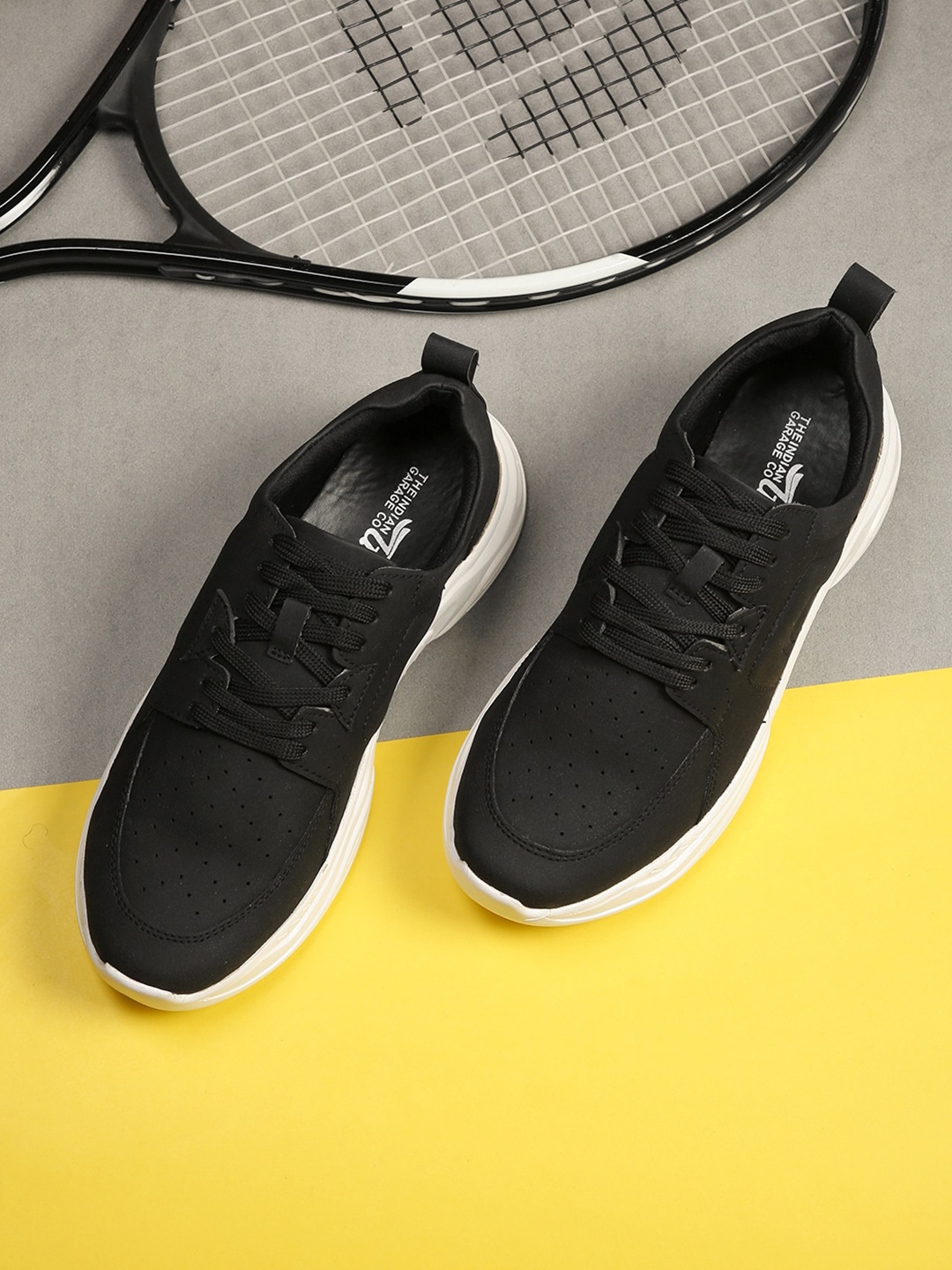 

The Indian Garage Co Men Perforations Contrast Sole Sneakers, Black