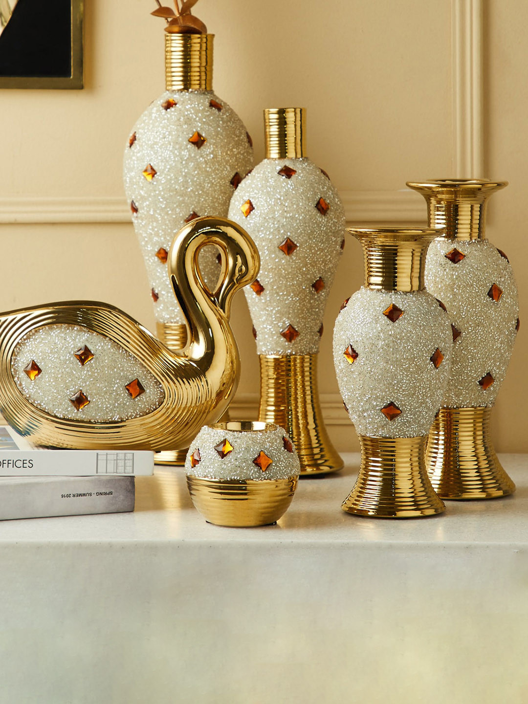 

Home Centre Mystique White & Gold-Toned Embellished Metal Vase