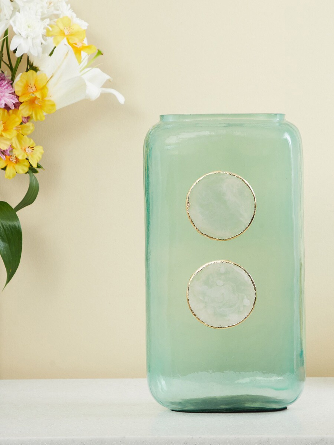 

Home Centre Modern Luxe Blue & Gold Toned Glass Resin Stone Rectangular Vase