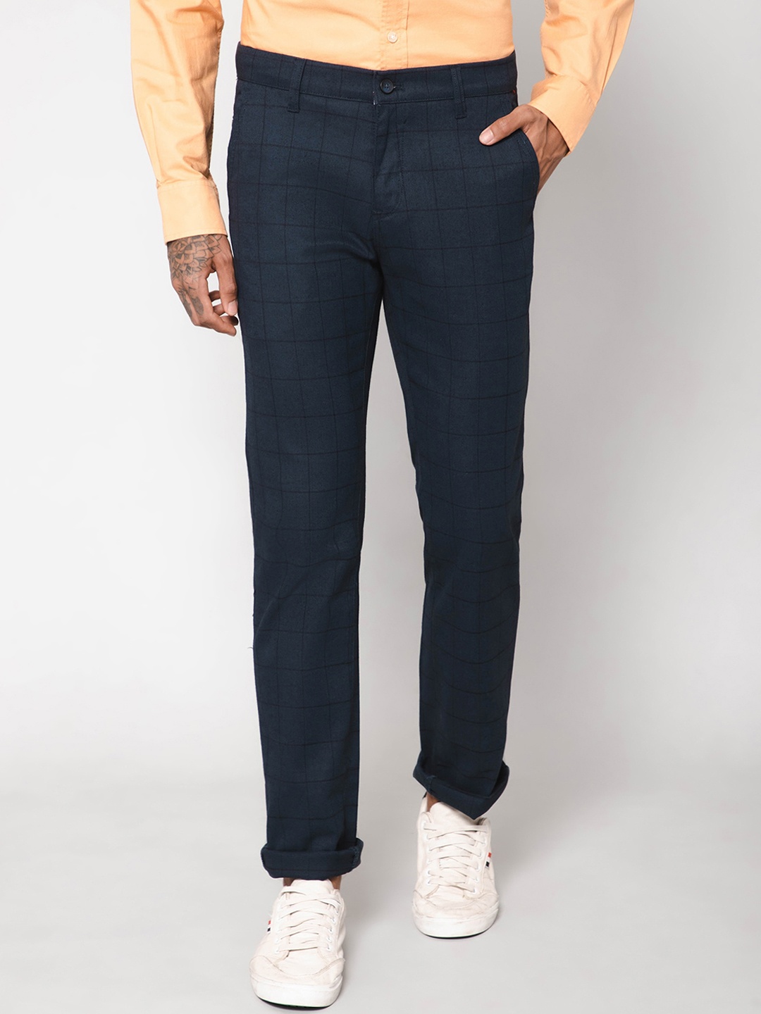 

Cantabil Men Mid-Rise Easy Wash Cotton Trousers, Navy blue