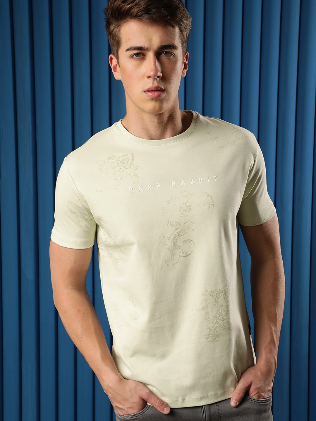 RARE RABBIT Men Delic Slim Fit Typography Printed T-Shirt, Green