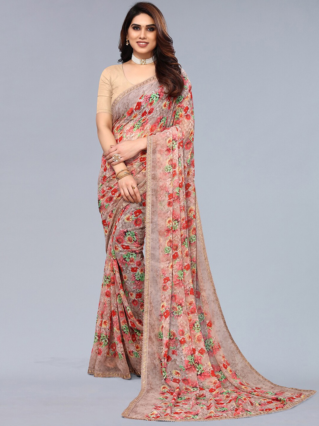 

KALINI Floral Printed Gotta Patti Saree, Brown