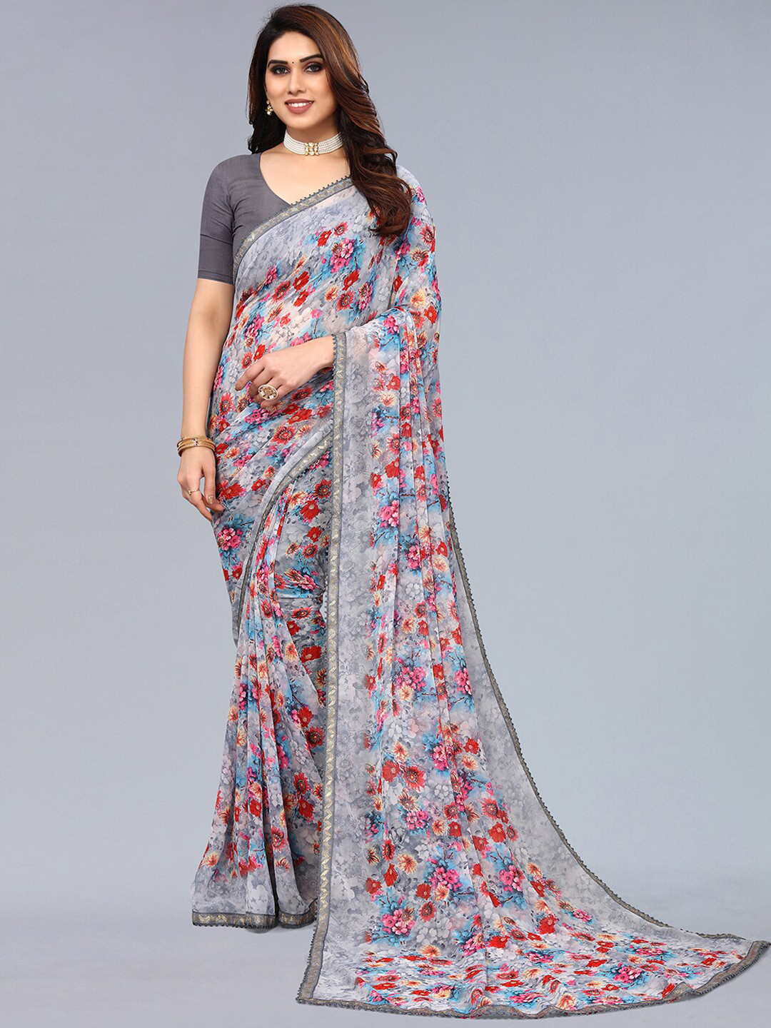 

KALINI Floral Printed Gotta Patti Poly Georgette Saree, Grey