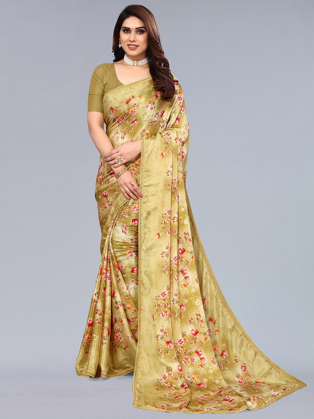 

KALINI Floral Printed Lace Saree, Mustard