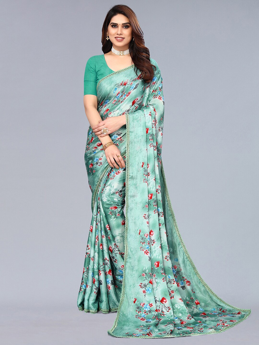 

KALINI Floral Printed Embellished Saree, Green