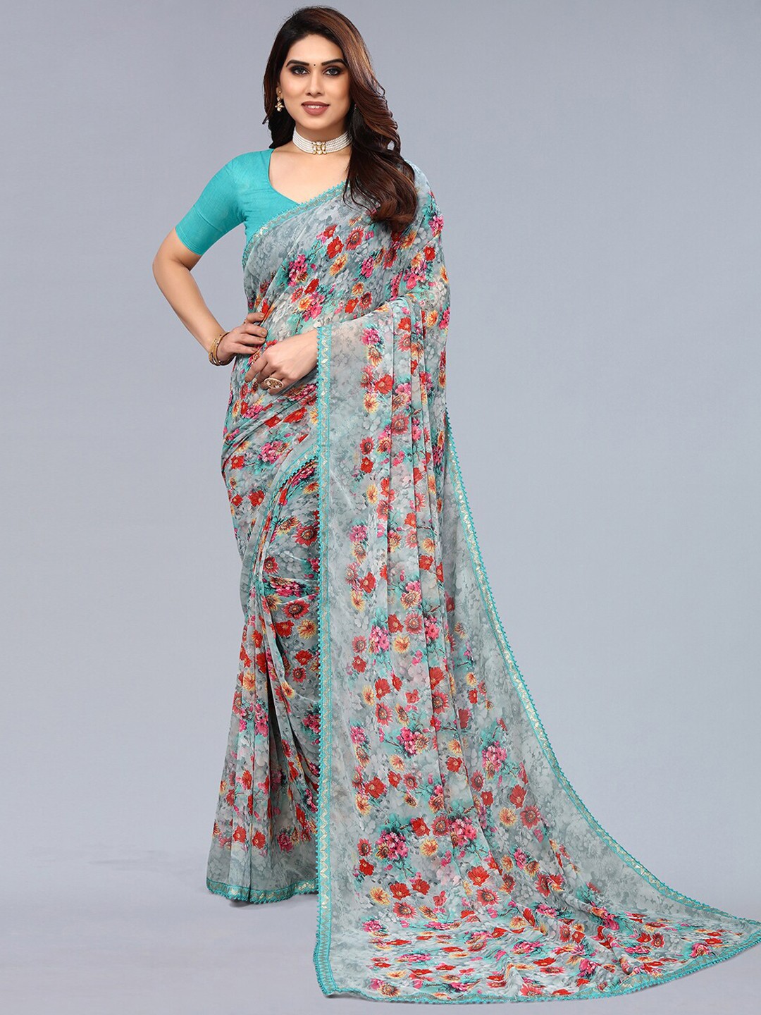 

KALINI Floral Printed Gotta Patti Saree, Turquoise blue