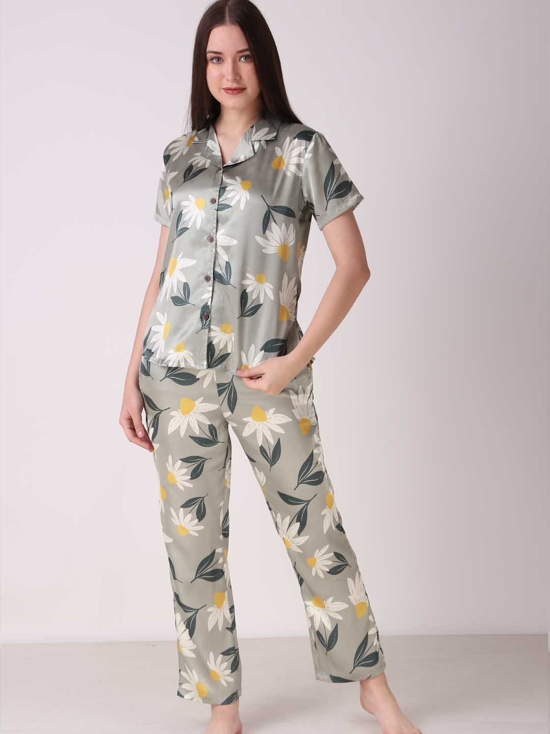 

Masha Floral Printed Satin Night Suit, Grey
