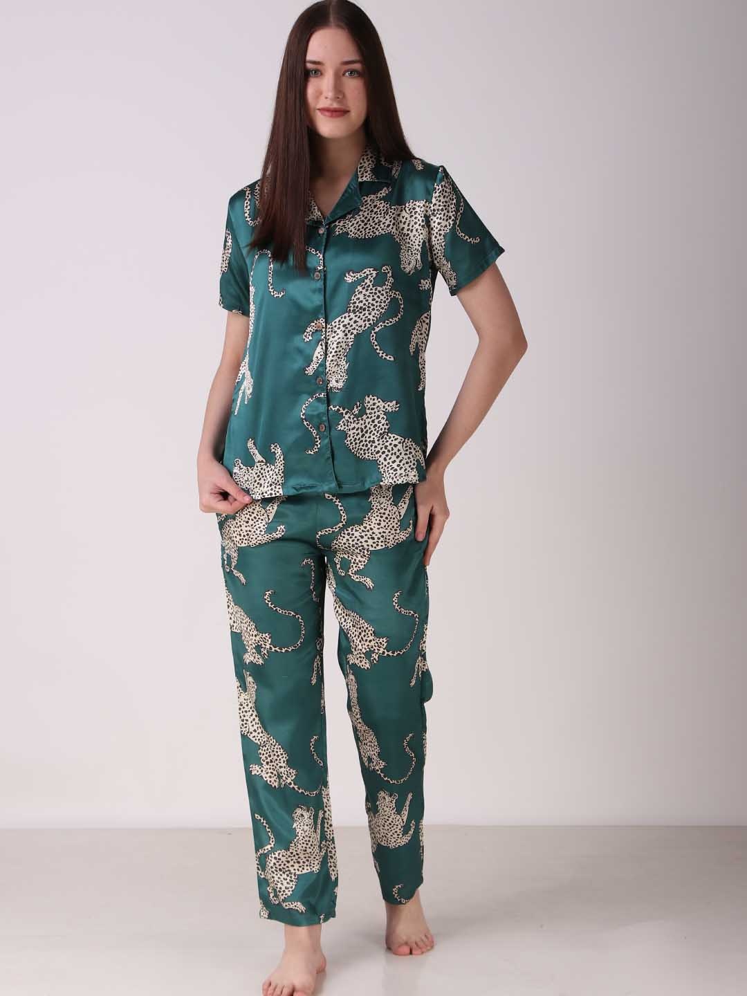 

Masha Animal Printed Satin Night Suit, Green