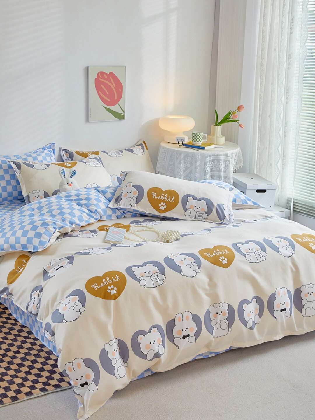 

JC Collection White & Blue Printed Double XL Bedding Set
