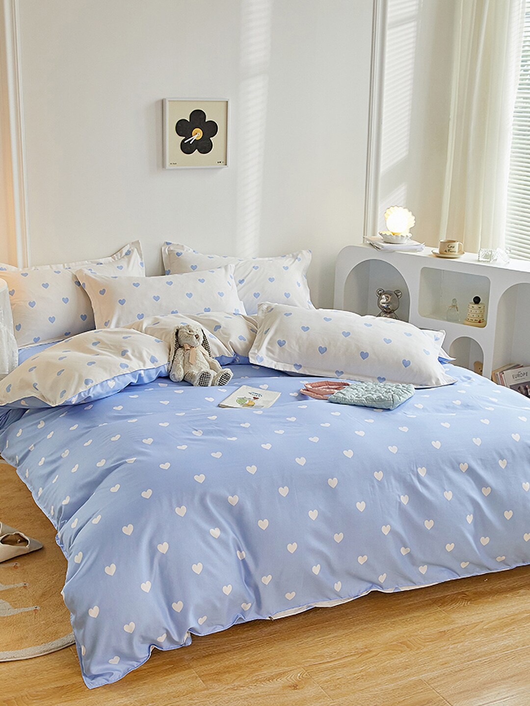 

JC HOME White & Blue Printed Double XL Bedding Set