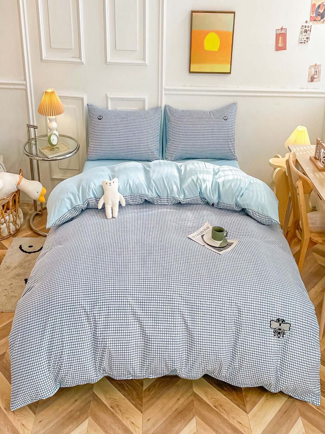 

JC Collection Blue & White Checked Double Queen Bedding Set