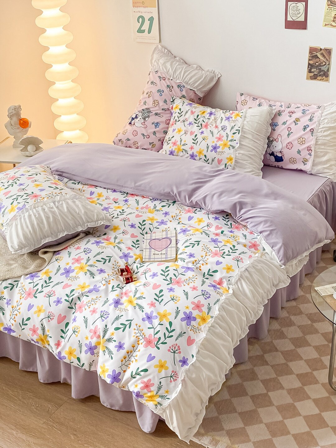 

JC HOME Purple & White Floral Printed Double King Bedding Set