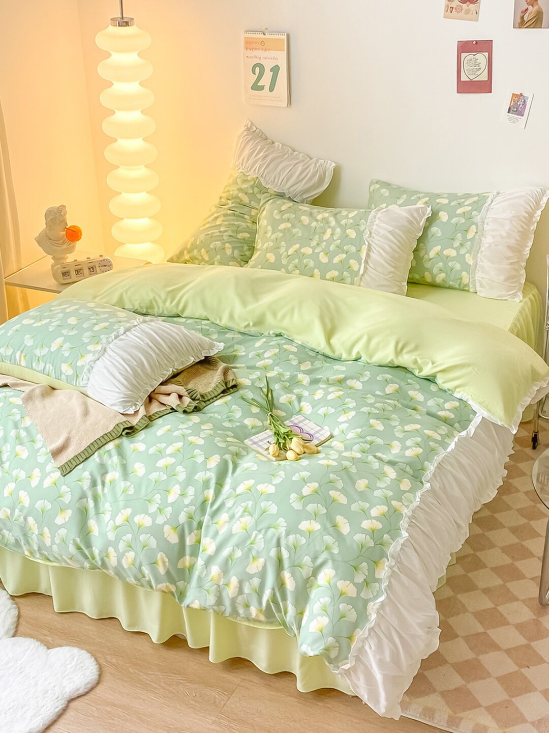 

JC HOME Floral Printed Cotton Double Queen Bedding Set, Green