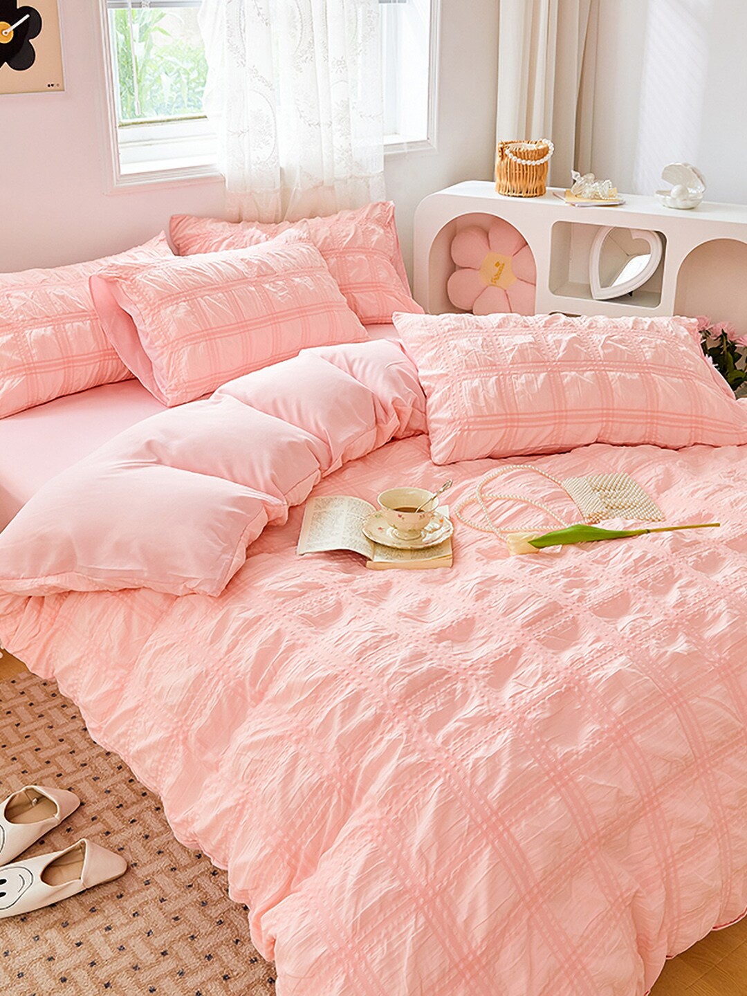 

JC Collection Pink Self-Design Single Size Bedding Set