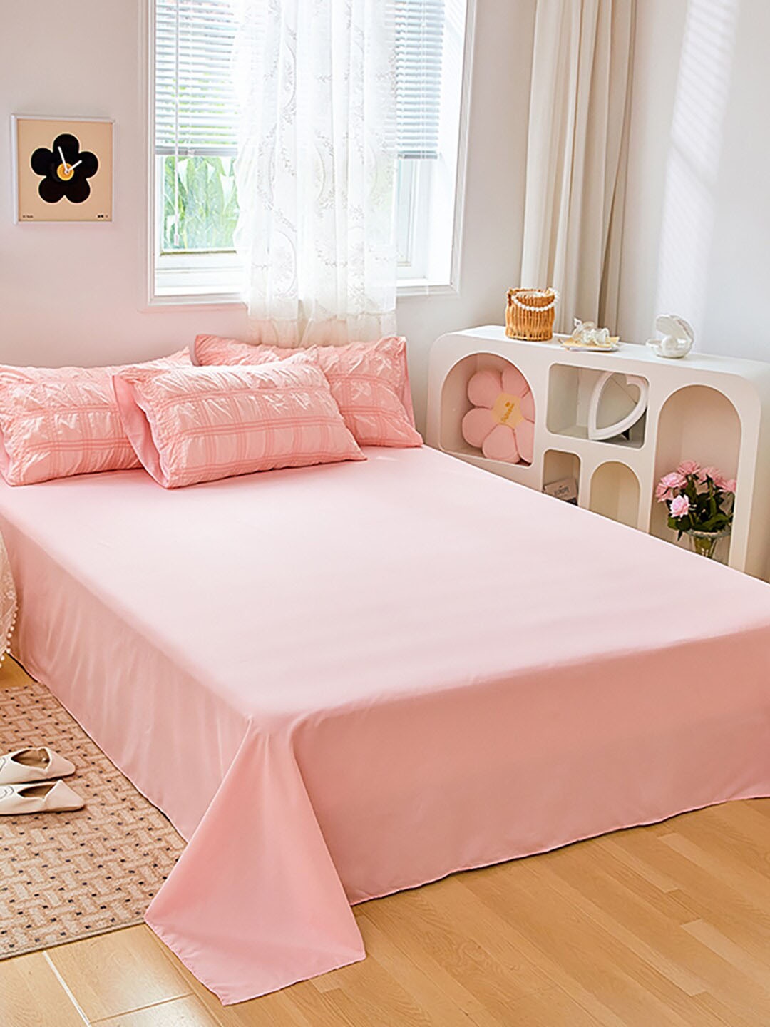

JC HOME Pink Checked Double King Bedding Set