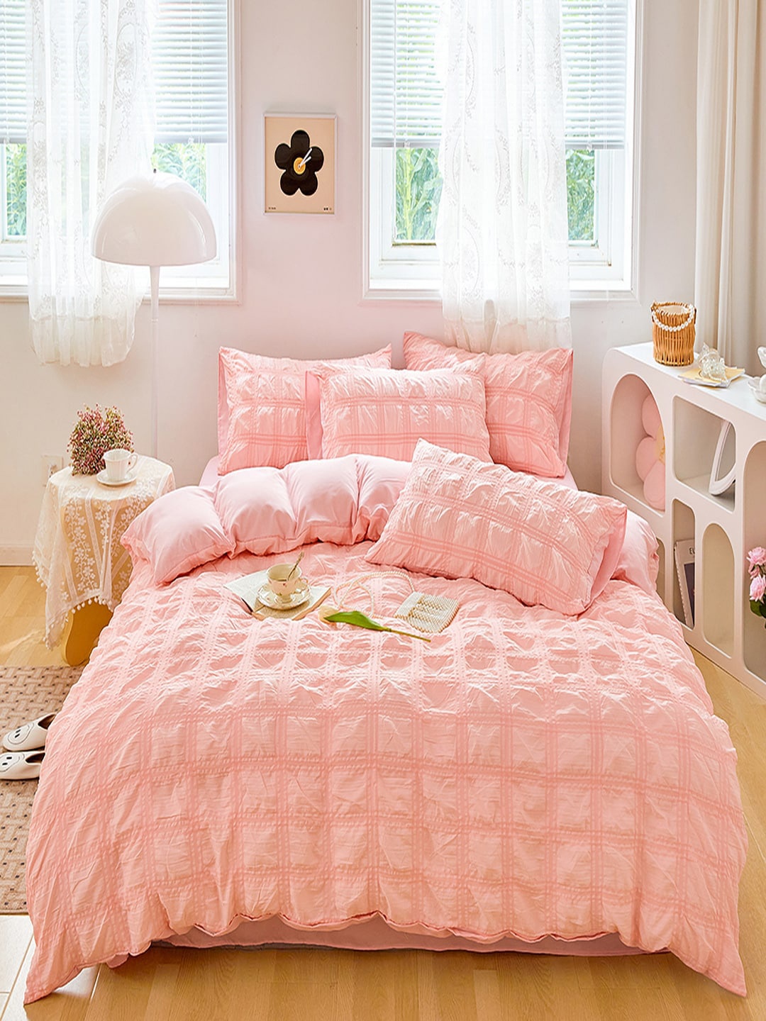 

JC Collection Pink Self Design Double Queen Bedding Set