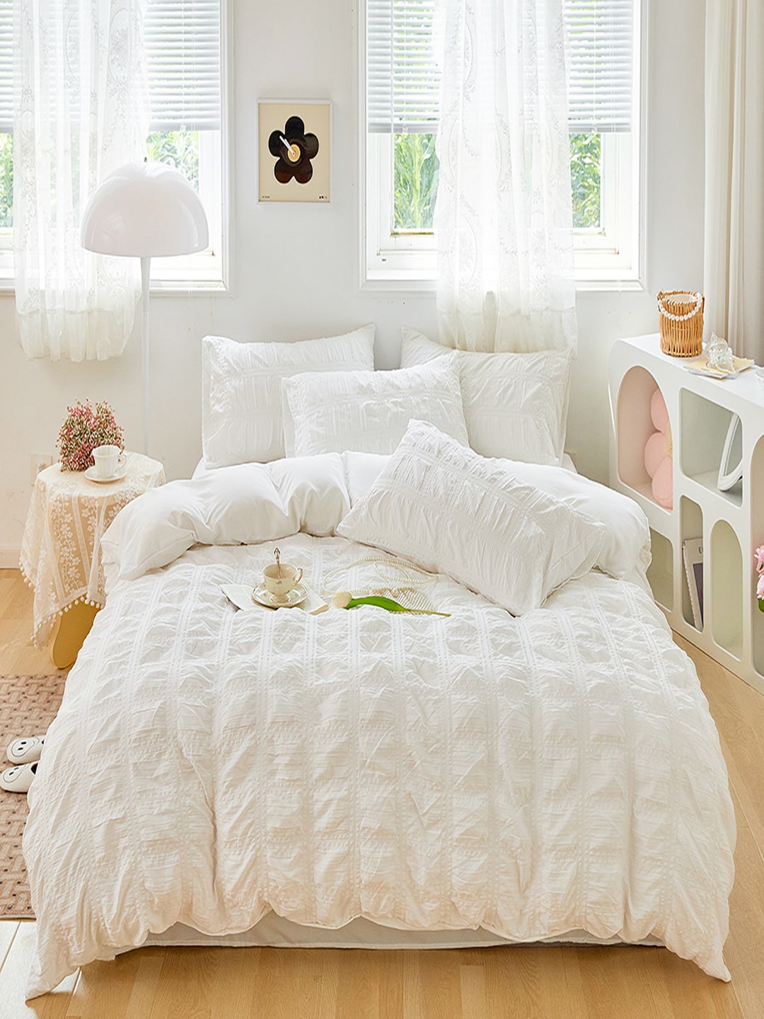 

JC HOME White Checked Single Size Bedding Set