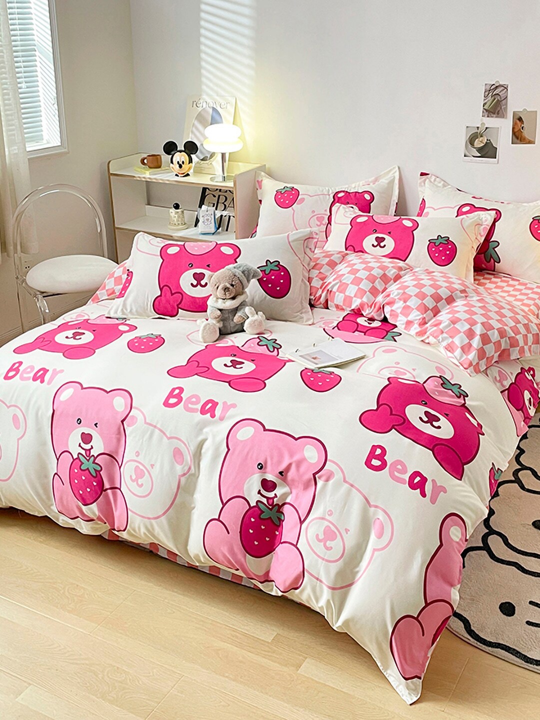 

JC HOME Pink & White Printed Double Queen Bedding Set
