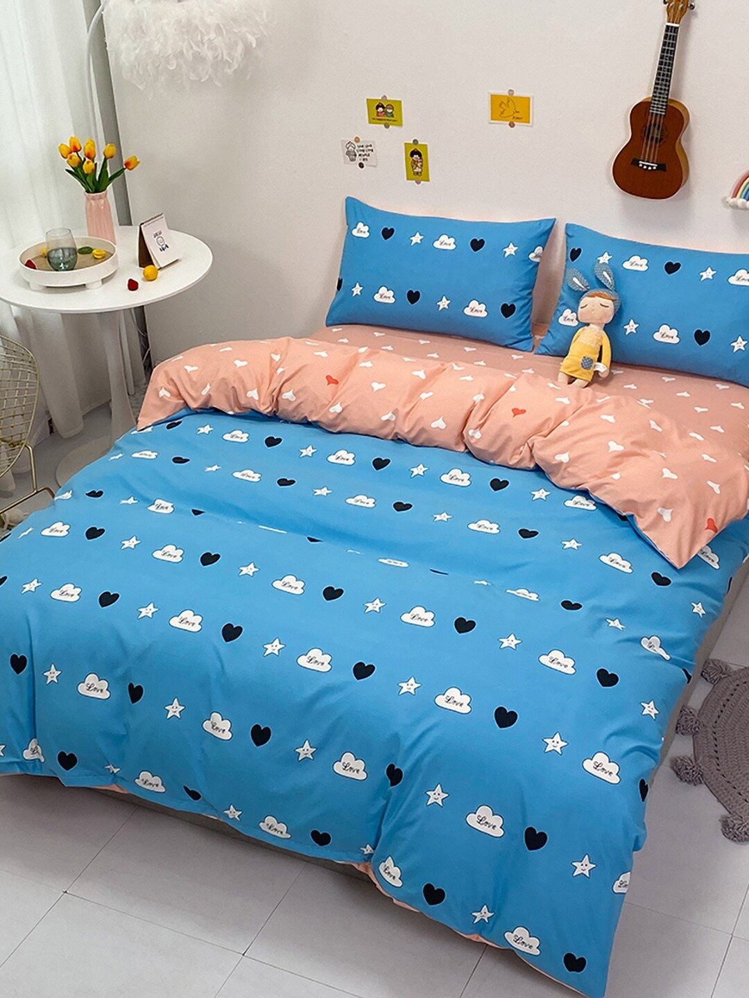 

JC Collection Blue & Peach Printed Double King Bedding Set