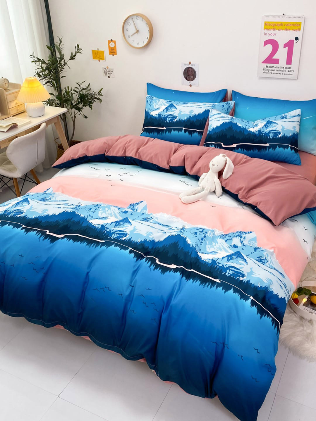 

JC Collection Blue & Peach Printed Double King Bedding Set