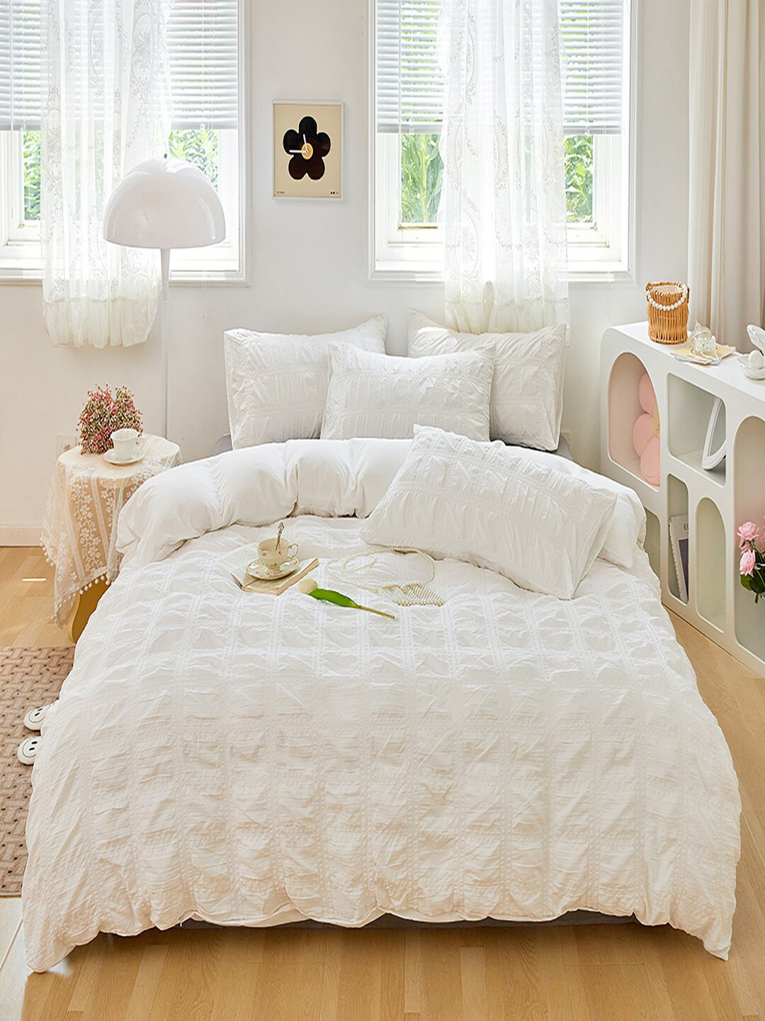 

JC HOME Grey Checked Double King Bedding Set