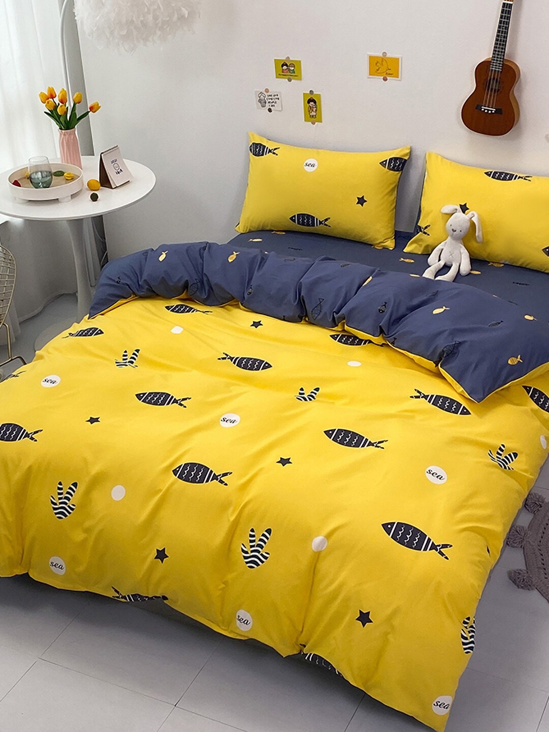 

JC Collection Yellow & White Printed Single Bedding Set