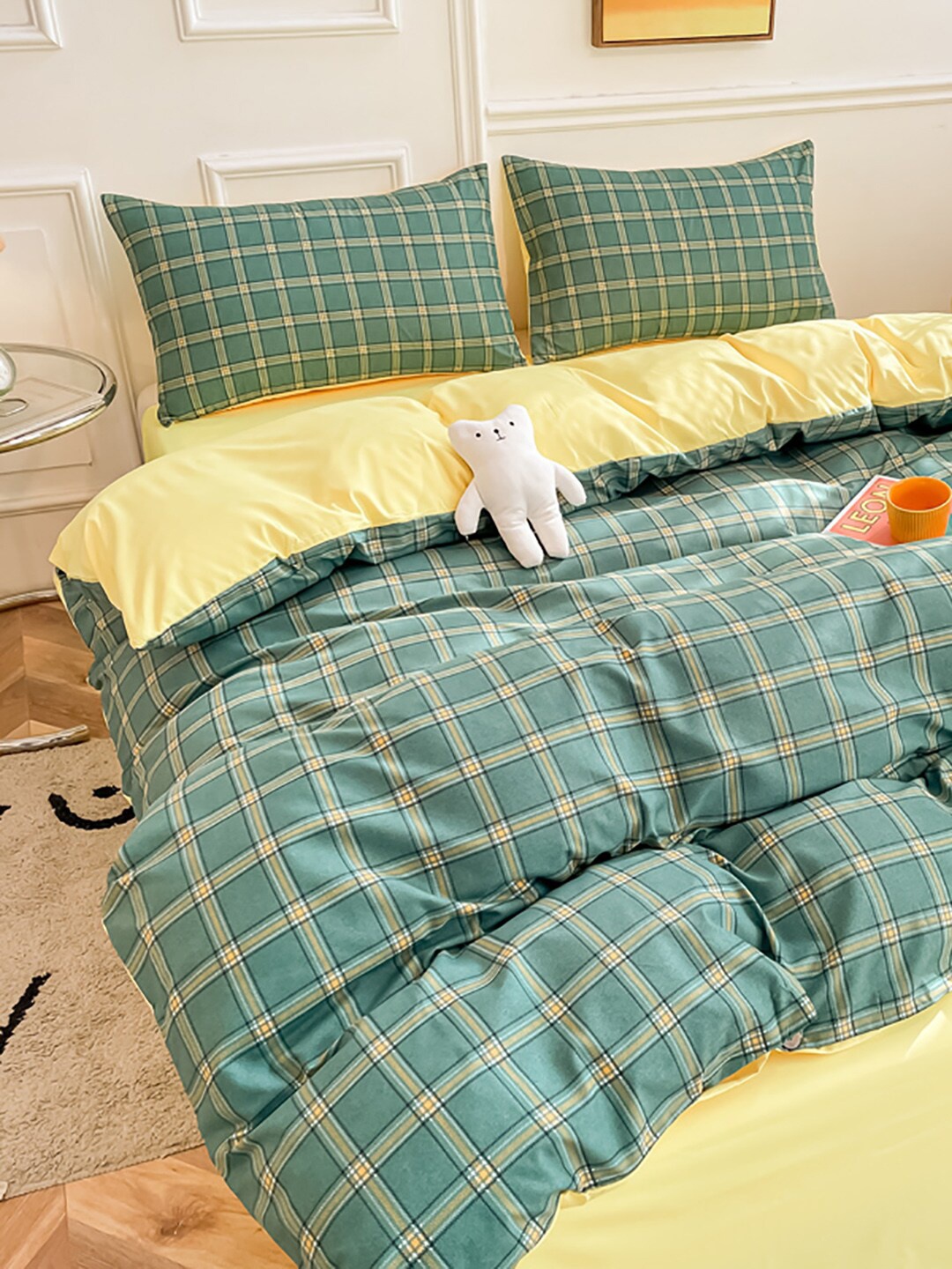 

JC Collection Green & Yellow Checked Double King Bedding Set