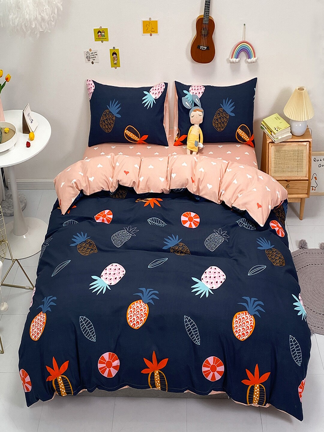 

JC Collection Navy Blue & Orange Quirky Printed Single Bedding Set