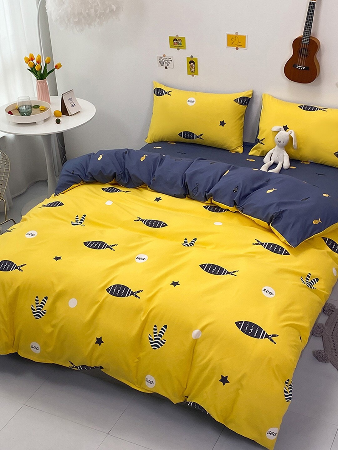 

JC Collection yellow & Blue Printed Double King Bedding Set