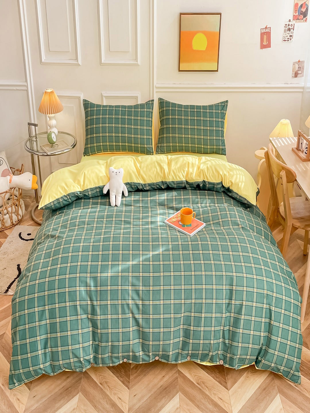 

JC Collection Green & Yellow Checked Double Queen Bedding Set