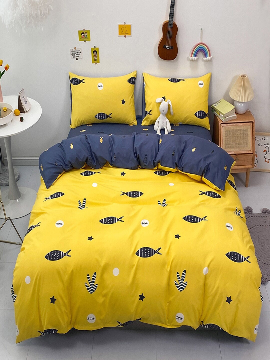 

JC Collection Blue & Yellow Printed Double Queen Bedding Set