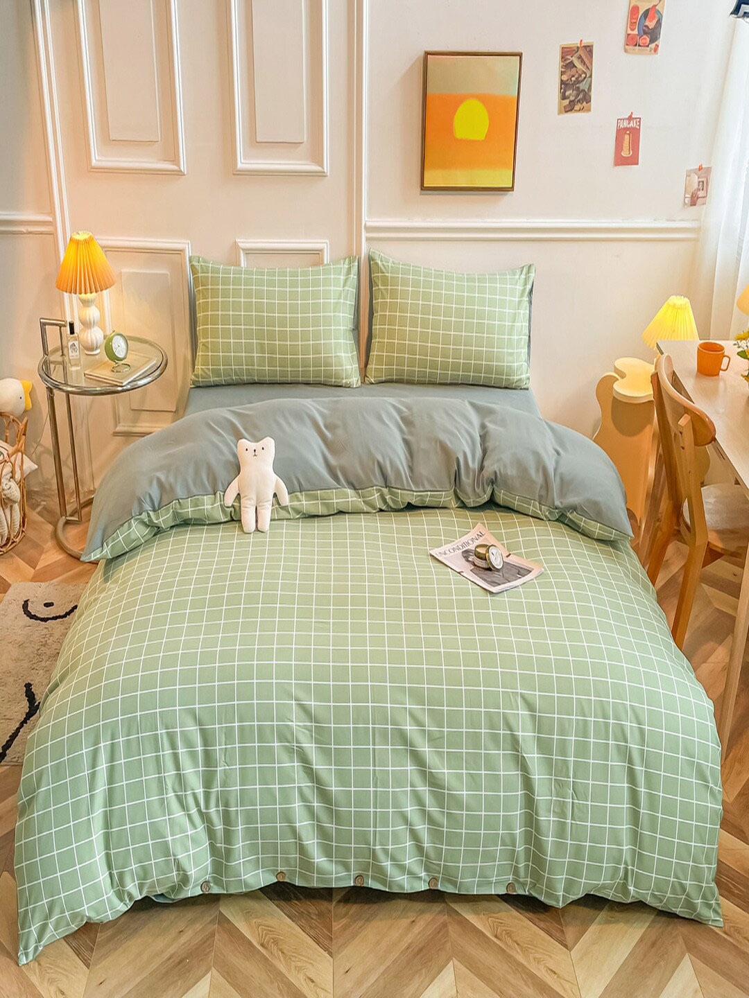 

JC HOME Green Checked Single Bedding Set