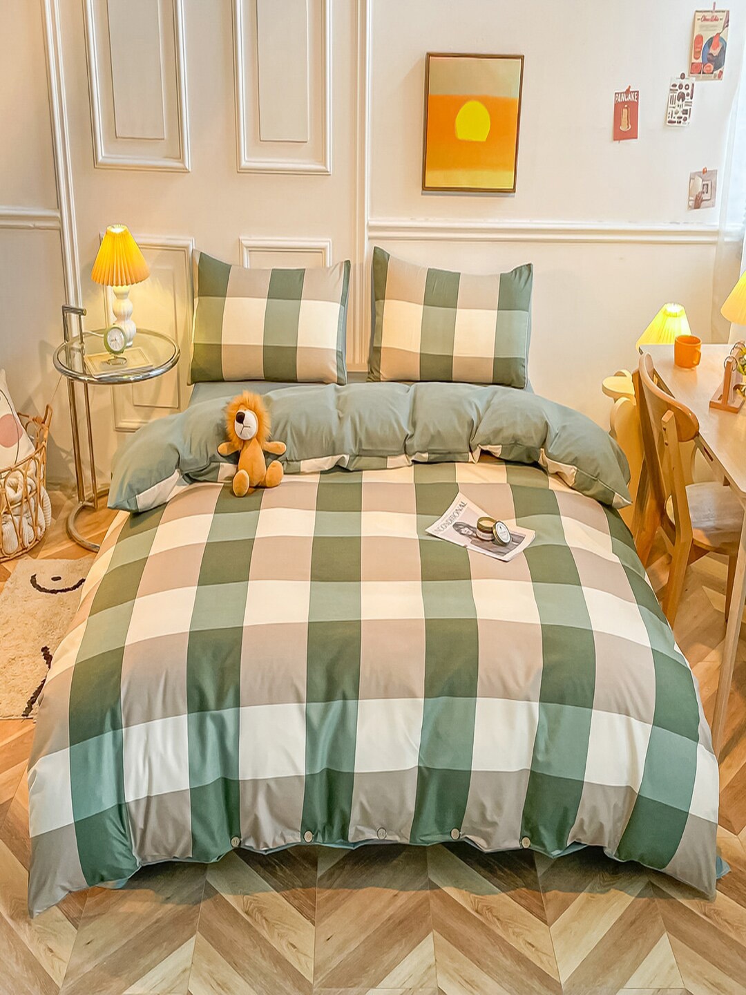 

JC Collection 4-Pcs Green Checked Double Queen Bedding Set