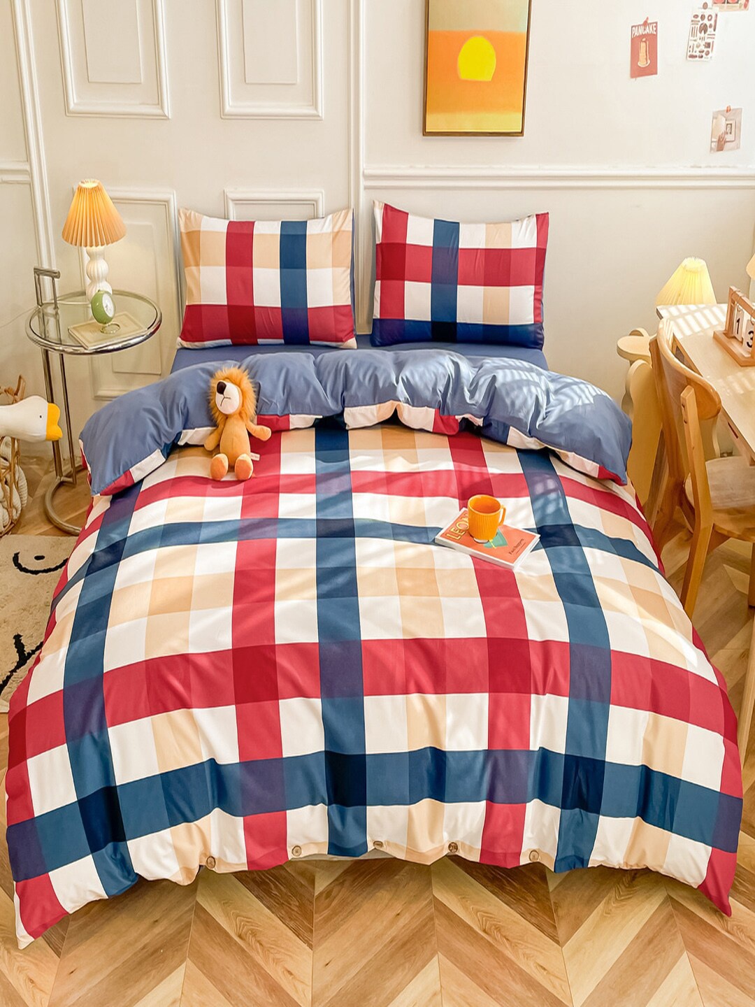 

JC HOME Blue Checked Double King Bedding Set