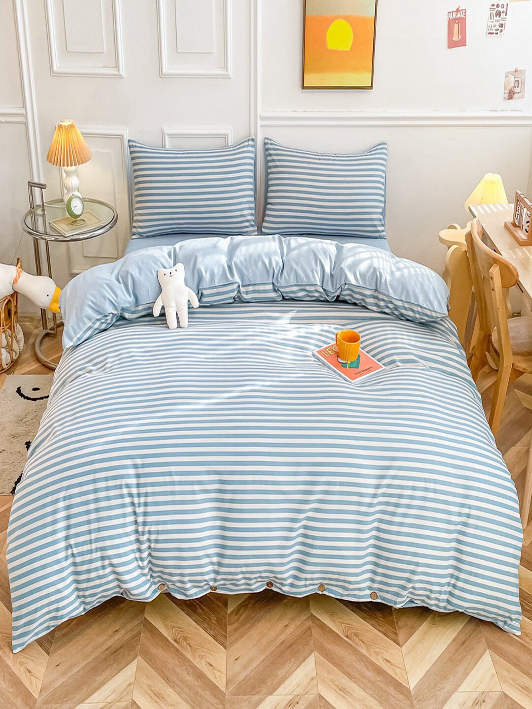 

JC HOME Blue & White Striped Double Queen Bedding Set