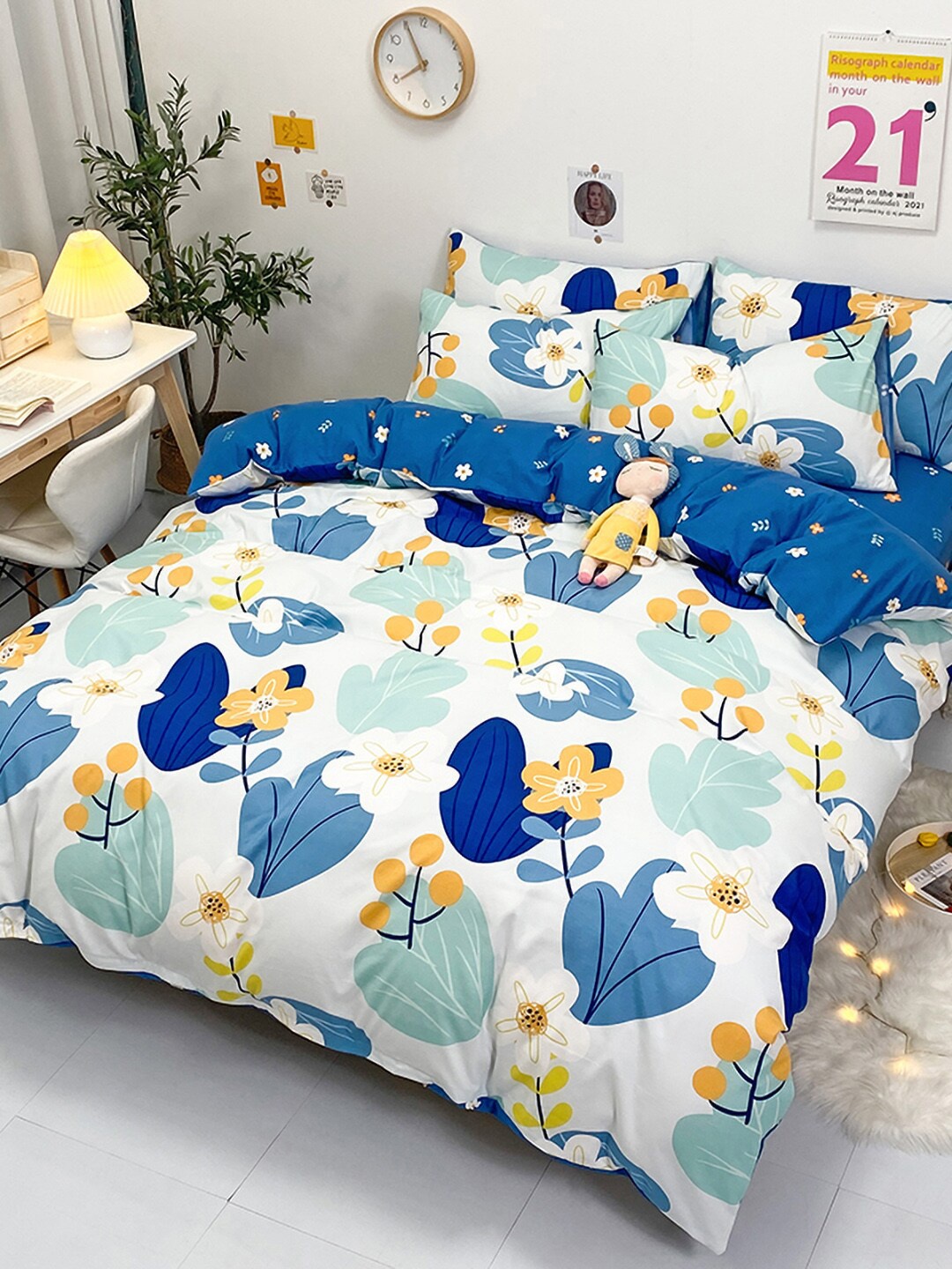 

JC Collection Blue & White Floral-Printed Double Queen Bedding Set