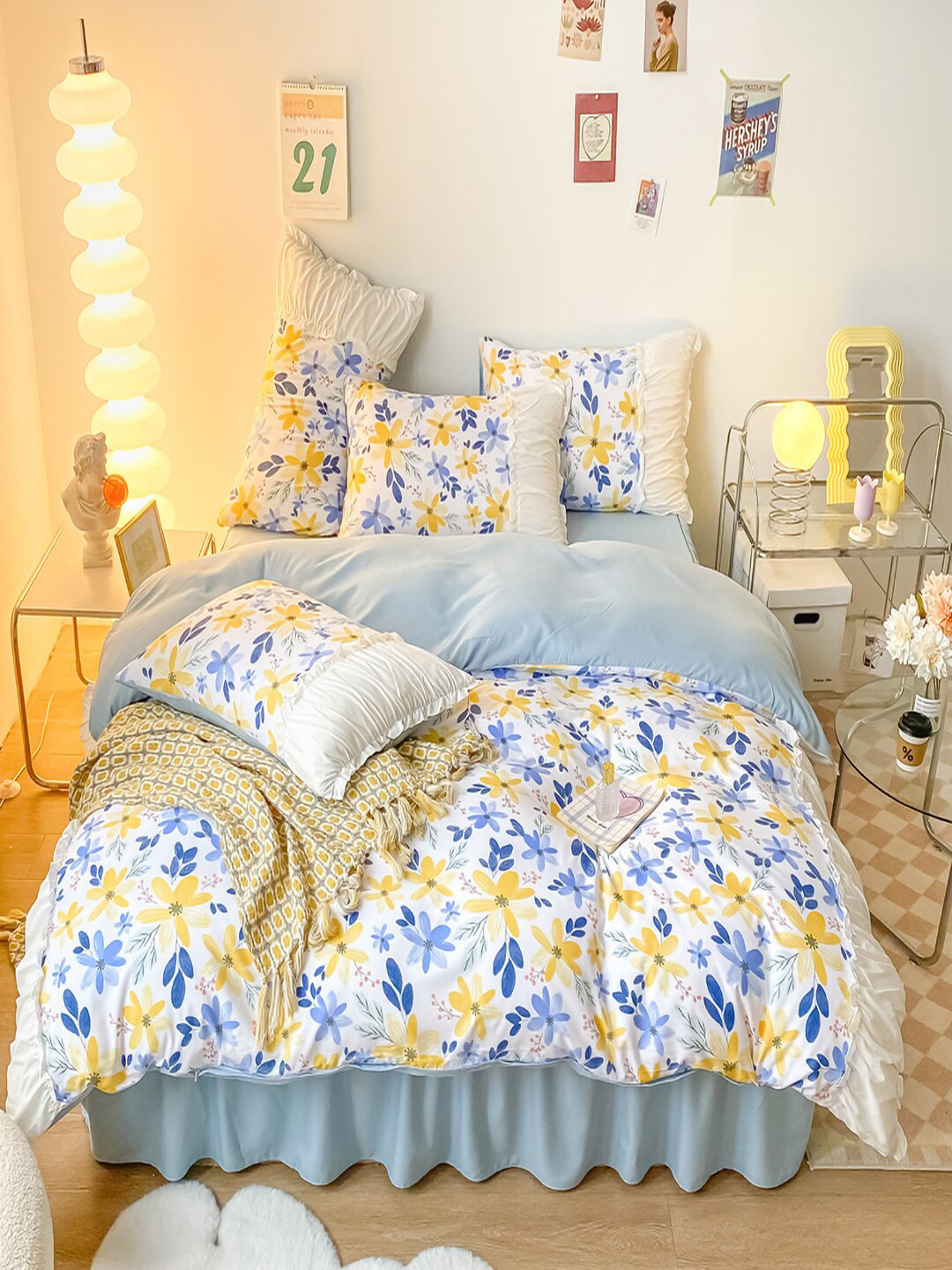 

JC HOME Blue & Yellow Floral Printed Double King Bedding Set