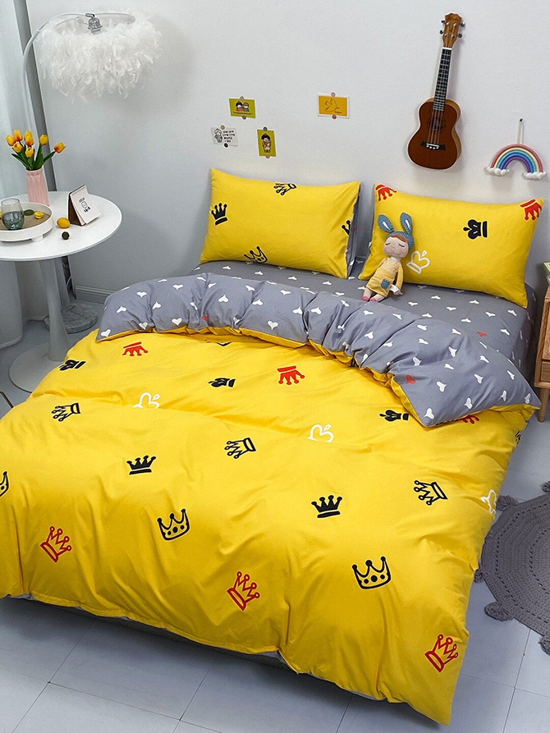 

JC Collection Grey & Yellow Printed Double King Bedding Set